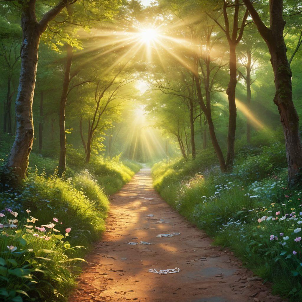 A serene landscape depicting a sunrise over a path leading through a lush green forest, symbolizing hope and growth. Include diverse individuals walking together, sharing supportive moments, with gentle rays of sunlight beaming down. Add elements representing cancer care, like ribbons and heart symbols intertwined along the path. The overall mood should exude empowerment and positivity. vibrant colors. super-realistic.