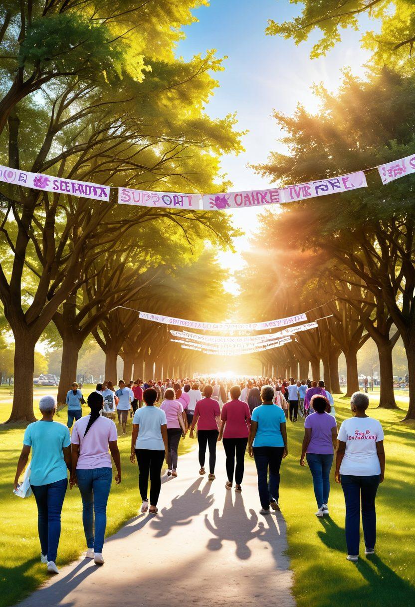 A powerful illustration depicting a diverse group of cancer survivors gathering in a sunlit park, with uplifting banners that read 'Hope' and 'Support'. In the background, a path leading towards a bright horizon symbolizes their journey from diagnosis to survival. Emphasize vibrant colors and warmth to evoke feelings of community and resilience. super-realistic. vibrant colors. 3D.