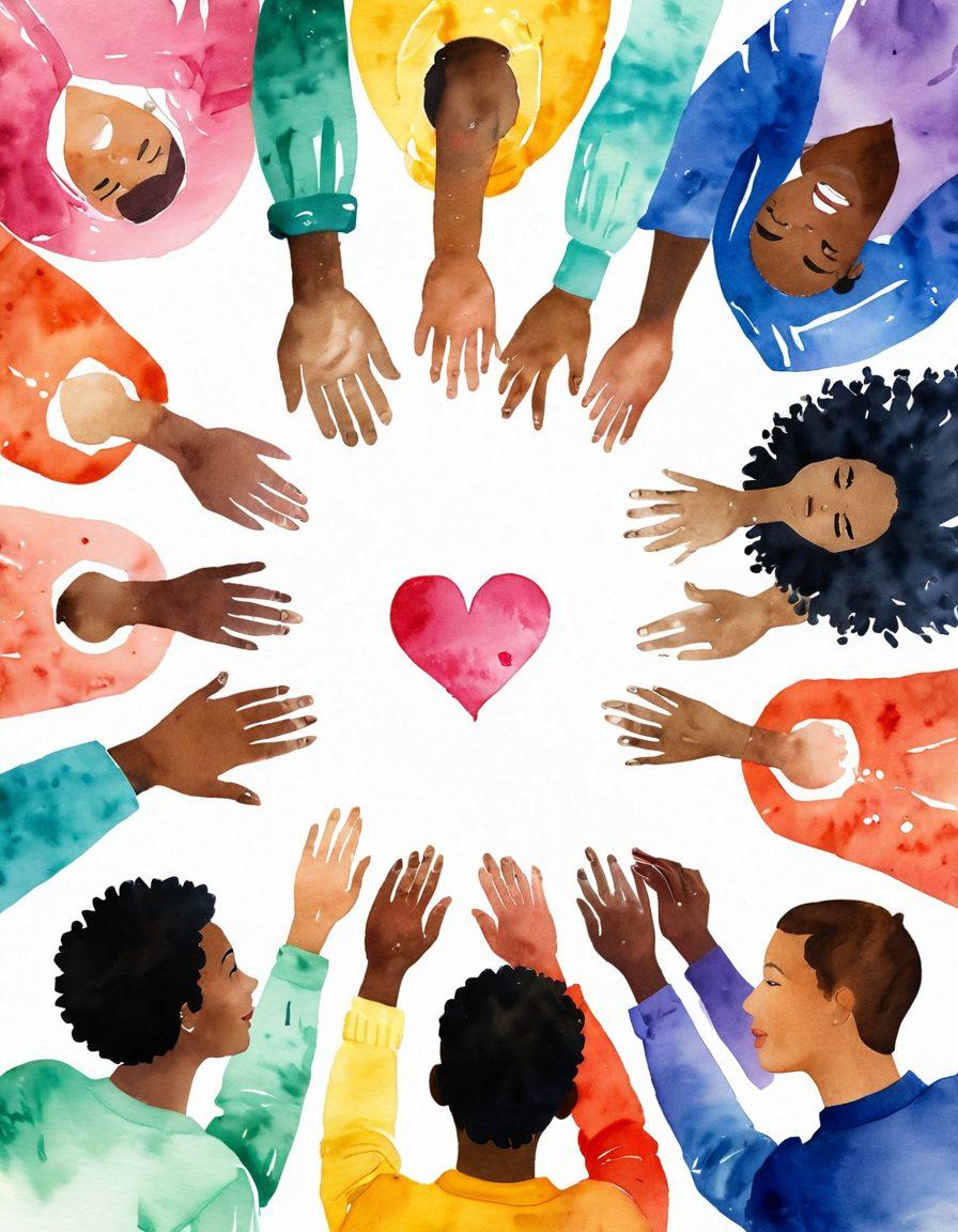 A diverse group of patients and advocates gathered in a supportive circle, sharing resources and knowledge about cancer awareness. Emphasize vibrant expressions of hope, determination, and solidarity. Include symbols of empowerment such as light bulbs and heart shapes in the background. The setting should be warm and inviting, conveying a sense of community and strength. watercolor style. bright colors. soft focus.